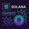 Solana (SOL) blockchain network featuring its logo, blockchain symbols, decentralized node diagrams, and the SOL cryptocurrency coin icon in gradient colors.