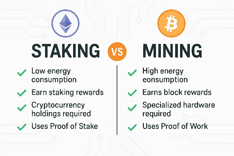 Illustration of infographics of staking vs mining