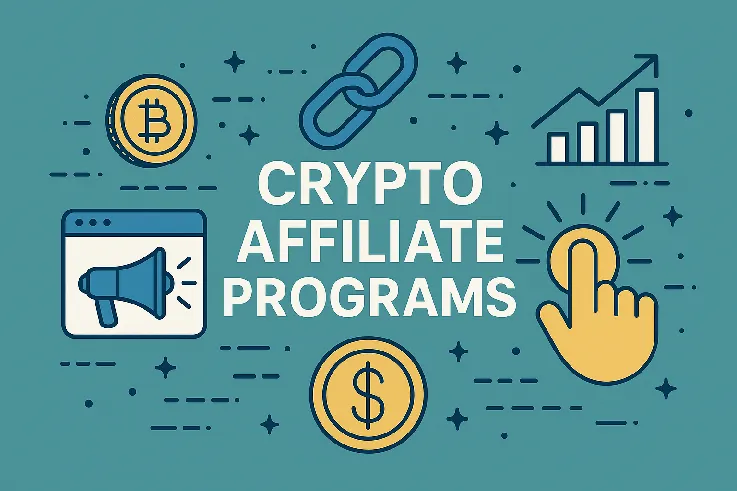 Illustration showcasing crypto affiliate marketing with symbols like Bitcoin, referral links, commissions, and analytics.