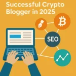 Flat-design digital infographic showing a person typing on a laptop, with interconnected icons representing SEO, Bitcoin, writing, and analytics, symbolizing essential skills for a successful crypto blogger in 2025.