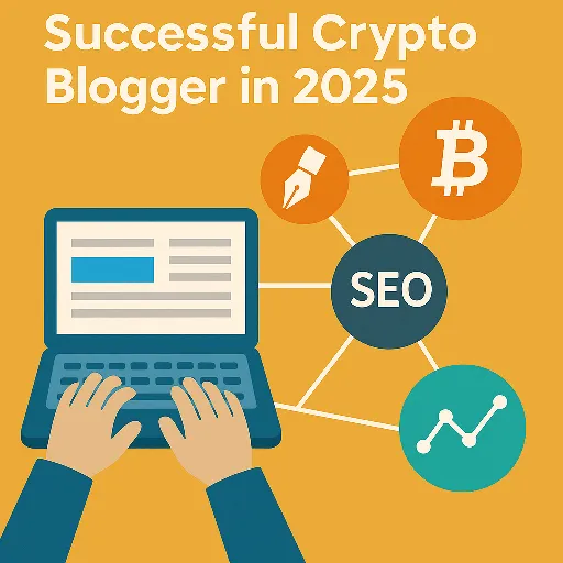 Flat-design digital infographic showing a person typing on a laptop, with interconnected icons representing SEO, Bitcoin, writing, and analytics, symbolizing essential skills for a successful crypto blogger in 2025.
